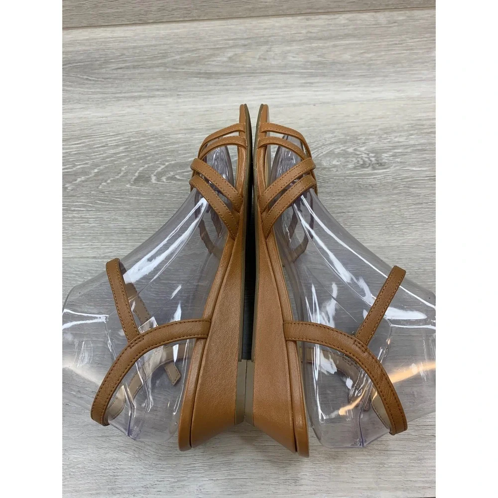 Talbots Women's 8 Cognac Brown Leather Strappy Low Wedge Ankle Strap Sandals